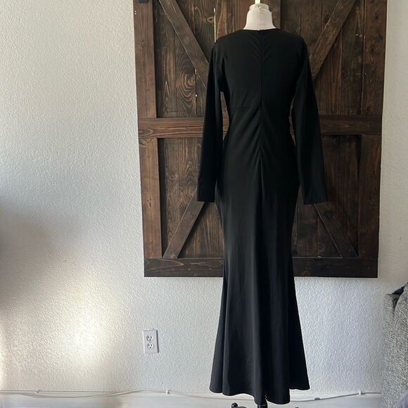 Stylish Long Sleeves V Neck Bodycon Pleated Slit Solid Evening Gown Dress - Picture 8 of 14